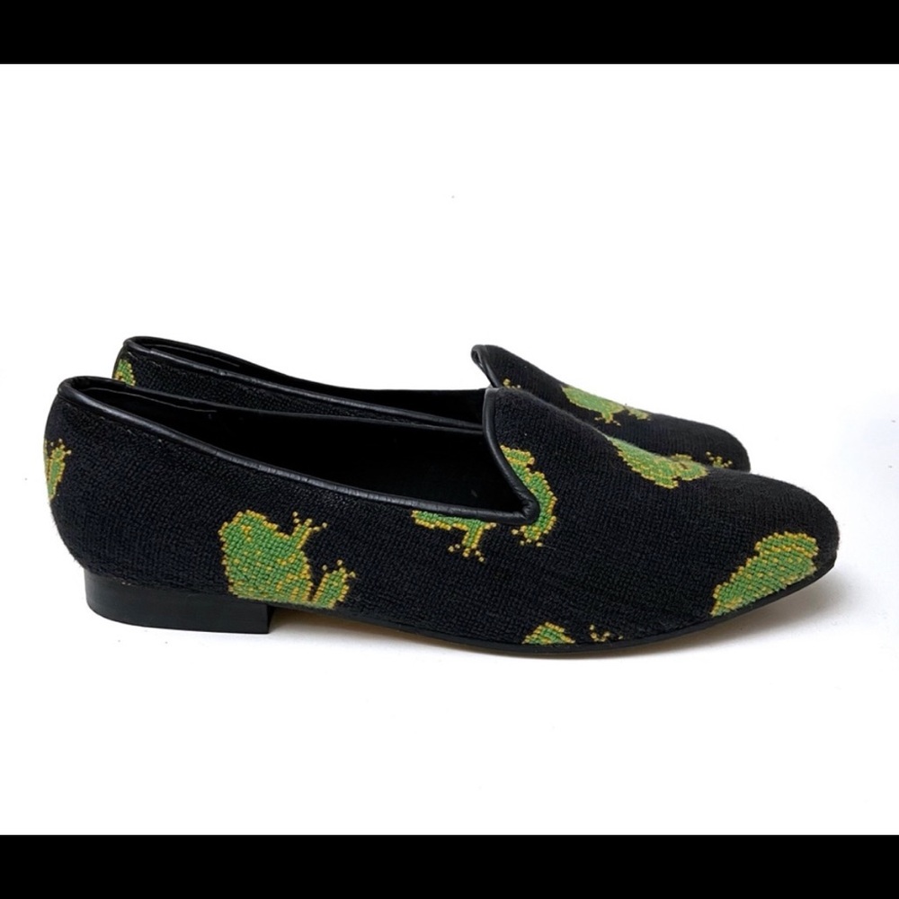 Vintage ZALO Green Frog Black Needlepoint Smoking Loafers Flats